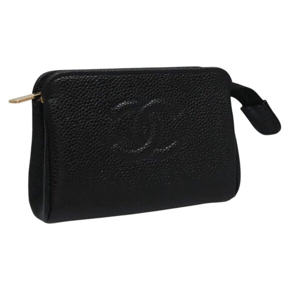 CHANEL COCO Mark Pouch Grained Calf Skin Black CC Auth yk17100 - Picture 1 of 16